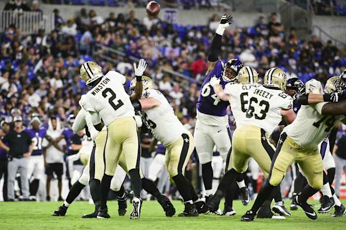 New Orleans Saints quarterback Jameis Winston (2) throws from the pocket against the Baltimore Ravens. Mandatory Credit: Tommy Gilligan-USA TODAY Sports